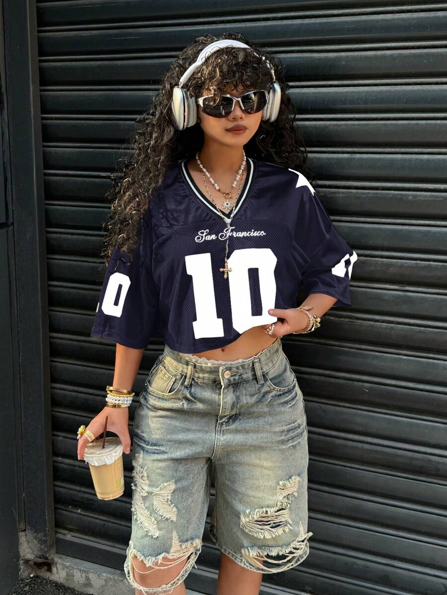 SHEIN EZwear Camiseta de verano casual de satén azul marino y panel de malla con estampado gráfico