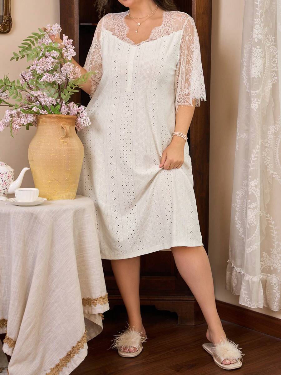 Côtesoire Plus Size Sheer Short Sleeve Nightgown, Fashionable For Summer - White - View 1