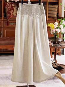 Franclia Pantalon ample et décontracté à jambes larges en lin brodé