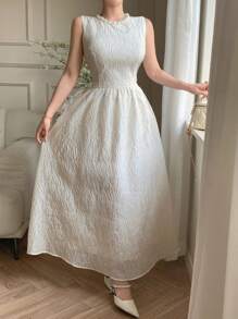 DAZY Summer Casual Elegant Faux Pearl 3D Decor Lace Jacquard Midi Slip Dress With High-End Feminine Vibe For Women,Dress For Wedding