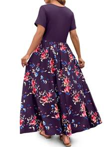 SHEIN Clasi Vestido casual de punto con flores y bolsillos laterales para mujer de talla grande, con cintura favorecedora, apropiado para el día a día y vacaciones en la playa