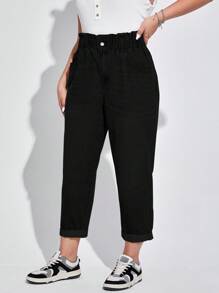 SHEIN ICON Gerade geschnittene Damen Jeans in großen Größen mit Rüschensaum und Taschen in der Taille