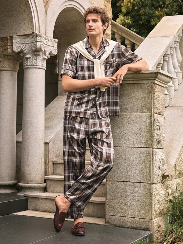 SHEIN EverLounge Plaid Comfy & Breathable Sleepwear Set For Men, Casual Homewear
