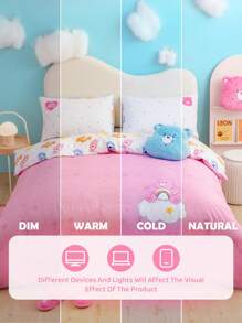 SHEIN X Care Bears 心形熊印花粉色双面羽绒被套套装，礼品 - 粉色 - 查看 14