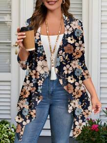 EMERY ROSE Plus Size Women's Khaki Ditsy Floral Long Sleeve Jacket, Suitable For Spring & Autumn