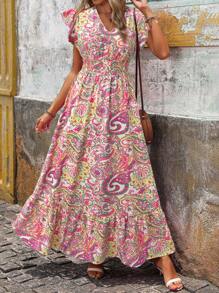 EMERY ROSE V-Neck Printed Summer Casual/Holiday Dress For Women, Flared Sleeves, Ruched Waist, Frill Hem,Summer Dresses For Women
