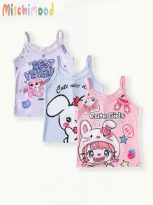 3-Pack Young Girl Cartoon Rabbit Print Cami Tank Tops, Light Blue, Light Purple, Light Pink - Multicolor - View 2