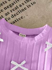 SHEIN LMoss Kids Young Girl Casual T-Shirt With Bow Decoration