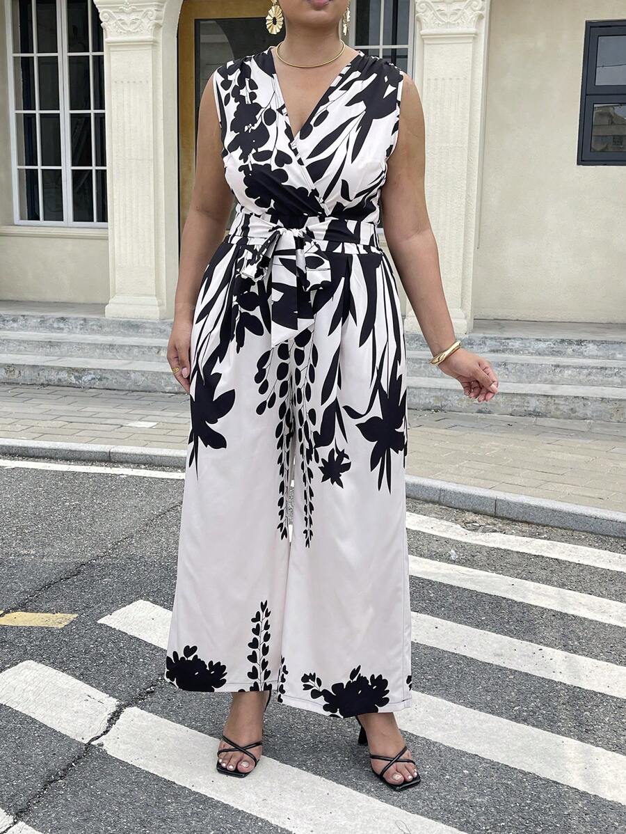 Flirla Combinaison sans manches avec imprimé tropical et ceinture croisée à la taille, style casual pour les vacances, grande taille - Nude - Voir 1