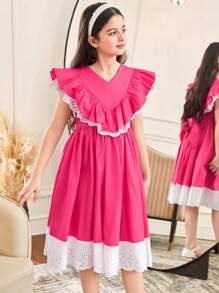 SHEIN Tween Girl Elegant Lace Ruffle Round Neck Short Sleeve Dress - Hot Pink - View 7