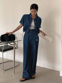 DAZY 2 件套女士短袖牛仔上衣和长牛仔裤套装，春夏