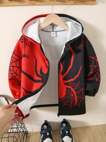 1pc Young Boys' Casual Cute Daily Warm Spider Print Hooded Jacket Suitable For Outing, School, Daily Gathering, Autumn Winter