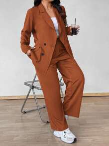 Flirla Conjunto de 2 piezas de blazer con botones y pantalones de talla grande - Óxido marrón - Ver 4
