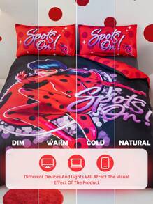 Miraculous Ladybug X SHEIN Cartoon Polka Dot Letter Print Soft And Warm, Simple Bedding Duvet Covers Set