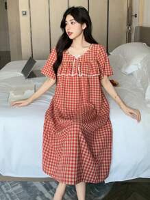 DAZY Cute Plaid Ruffle Edge Patchwork Lace Women Nightgown Pajama, Moo Moo