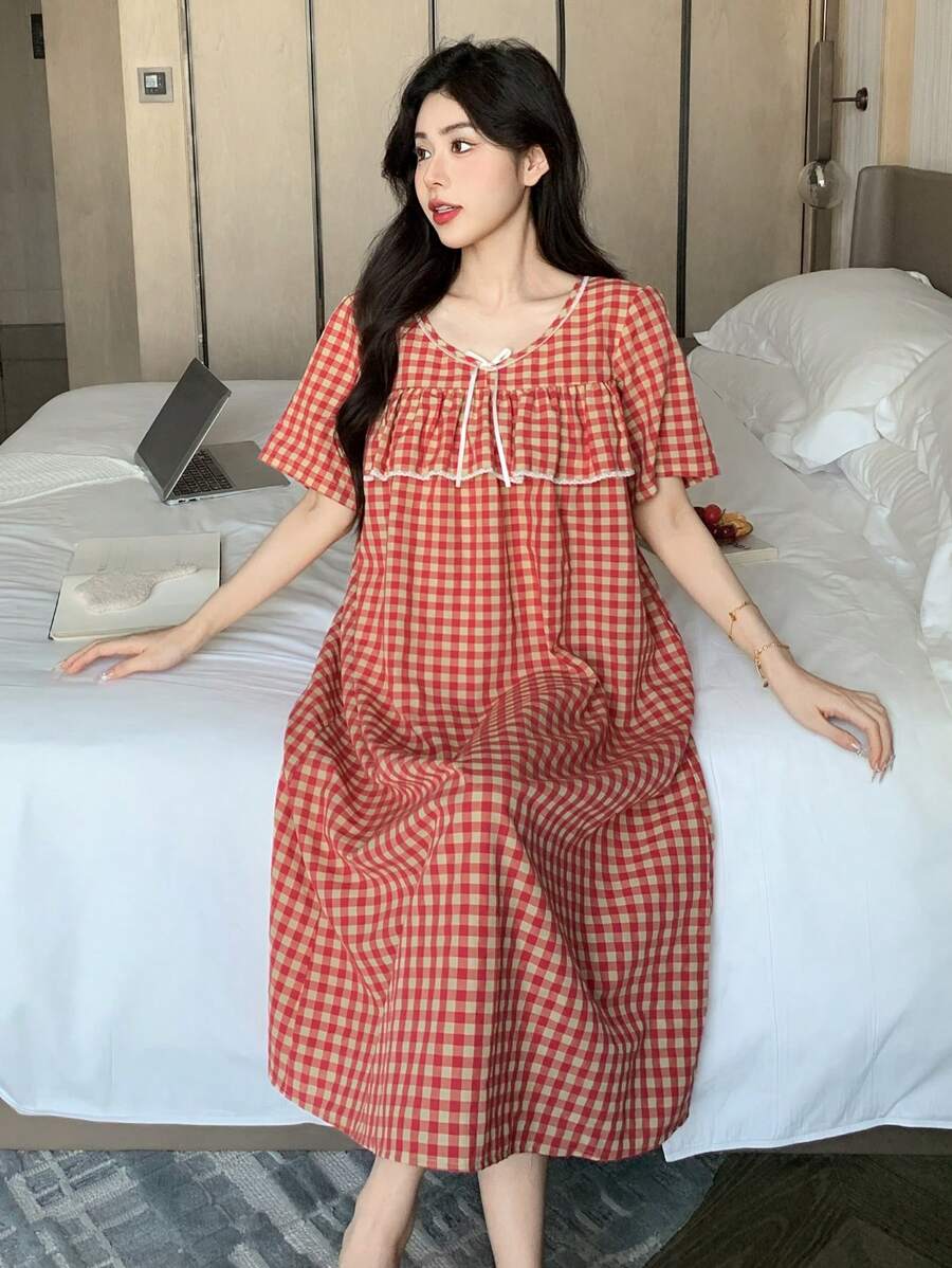 DAZY Cute Plaid Ruffle Edge Patchwork Lace Women Nightgown Pajama, Moo Moo