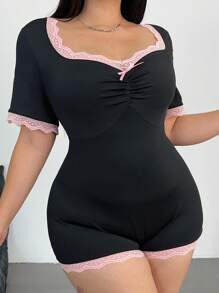 POPSWAY Plus Size Collared Bowknot Contrast Color Trim Short Sleeve Casual & Elegant Jumpsuit For Spring/Summer, Black - Black - View 7