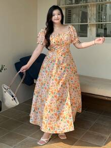 Dazy Plus All Over Floral Print Square Neck Cinched Waist Puff Sleeve Maxi Vacation Dress - Orange - View 5