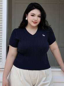 Dazy Plus Embroidery Pattern V-Neck Slim Fit Short Sleeve Knit Sweater - Navy Blue - View 3