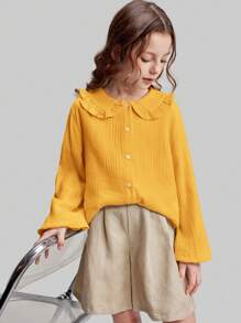 Ontre Tween Girls' Oversized Ruffled Collar Soft, Comfortable & Versatile Blouse, Casual & Suitable For School, Spring/Summer - Yellow - View 2