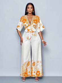 SOLERSUN Women's Spring/Summer Vacation Style Floral Print Butterfly Sleeve Crop Blouse & Wide Leg Pants Two Pieces Set - Orange - View 3