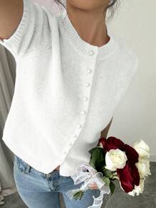 Selianne New Arrival Autumn Winter Casual Loose Pink Simple Button Knit Sweater Top, Women Short Sleeve Pullover - White - View 4