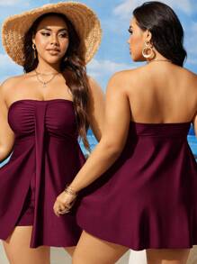 Slaydiva Plus Size Solid Color Bandeau Bikini Set With Swim Skirt For Summer Beach Vacation - Burgundy - View 1