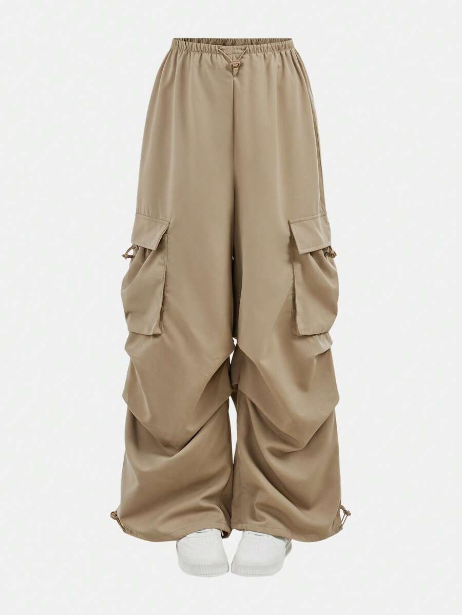 SHEIN Leap Crew Tween Girl Casual Loose Mid-Waist Drawstring Waist Cargo Style Convertible Pants - Khaki - View 1