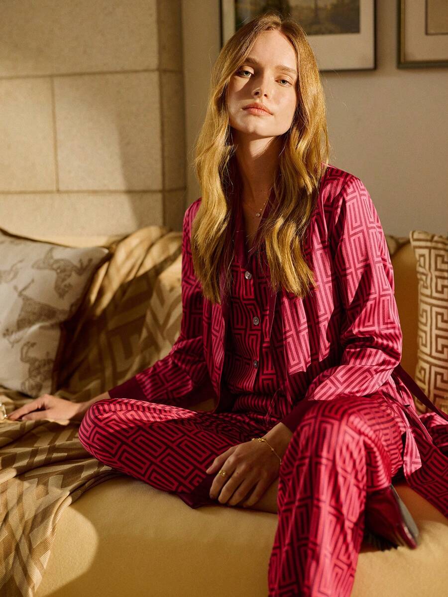EverLounge Geometric Print Satin Soft Drape Collar Trim Placket Long Sleeve Women Sleepwear Robe