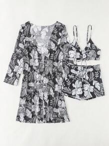 Swim Mod Bộ bikini in họa tiết cây nhiệt đới dành cho nữ kèm áo choàng kimono, trang phục đi biển mùa hè - màu đen - Xem 5