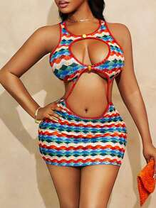 BamGleam Vestido mini ajustado de color block con escote halter sexy para vacaciones de BamGleam
