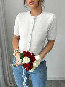 Selianne New Arrival Autumn Winter Casual Loose Pink Simple Button Knit Sweater Top, Women Short Sleeve Pullover - White - View 8