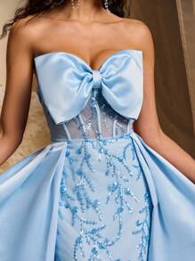 Glamrae Váy Maxi đuôi cá bằng vải satin thêu hoa sequin sang trọng có nơ lớn xòe rộng, thích hợp cho đám cưới, tiệc tùng, tiệc chiêu đãi, những dịp trang trọng (thêu dày), váy dự tiệc, váy dài, cho buổi tối, khách dự tiệc cưới - Màu xanh lam - Xem 2
