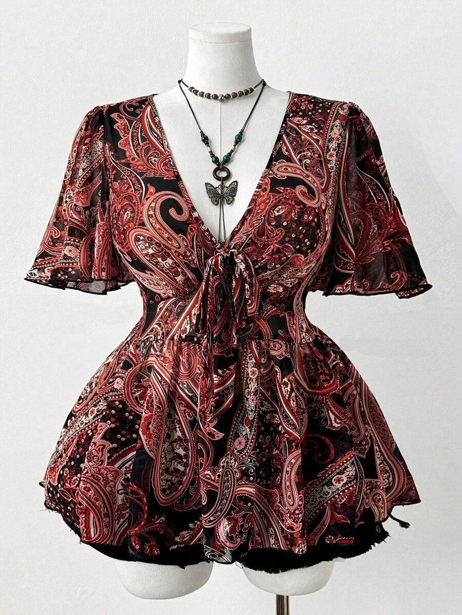 Sweetra Retro einfache lässige vintage DIY locker geschnittene Bluse mit ausgestellten Ärmeln, geschnürter Taille und Vorderbogen Dekor für Frauen