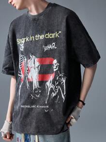 NEON BLANC Camiseta de manga corta con cuello redondo y estampado de letras, de corte holgado y color marrón, para hombre, de moda urbana