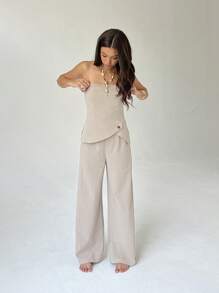 Aloruh 2pcs Set For Women: Asymmetrical Hem Tube Top And Pants, Solid Color - Khaki - View 5