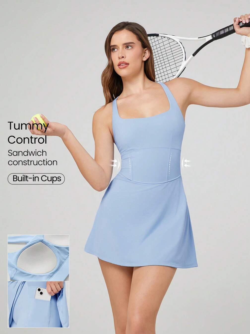 moisture wicking tennis dress GLOWMODE Quick-Dry Sweat-Wicking Built-In Cups Square-Neck With Built-In Shorts Side Pockets Non-Slip Grips Golf Gym Daily Casual,XS tennis sportswear All In Motion Women Tennis