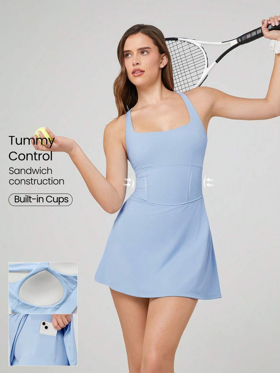 GLOWMODE Quick-Dry Sweat-Wicking Built-In Cups Square-Neck Dress With Built-In Shorts Side Pockets Non-Slip Grips Tennis Golf Gym Daily Casual