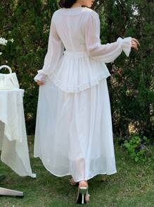 DAZY Vestido largo de manga larga elegante con cintura alta, de unicolor, con volantes en el bajo, de múltiples capas y costuras, de estilo dulce y elegante, para primavera/otoño - Blanco - Ver 8