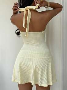 SHEIN Unity Deep V-Neck Halter Backless Short Dress, Low Neckline Versatile Slim Fit Mini Dress - Yellow - View 2