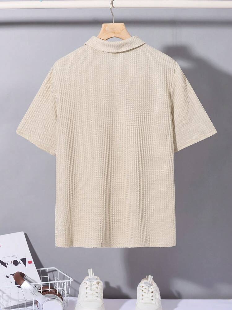 SHEIN 青少年男孩百搭纯色华夫格针织 Polo 衫，休闲舒适，适合春夏季 - 白色 - 查看 2