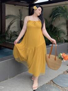 Dazy Plus Vestido maxi de verano para playa con abertura en la espalda, estilo holgado, unicolor, vestido con volantes para mujer, vestido amarillo, ropa de mujer, vestidos de verano