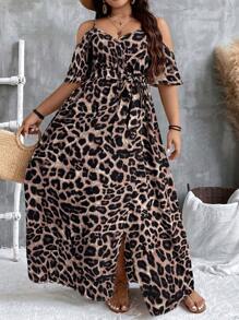 SHEIN VCAY Plus Size Women Leopard Print Open Shoulder Side Slit Hem Fashion Dress - Multicolor - View 6