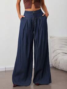 SHEIN Tall Women's Casual Loose Wide Leg Jeans Navy Blue,Summer,Casual,Everyday High Waisted Tall Pants For Woman Work Clothes - Dark Wash - View 1