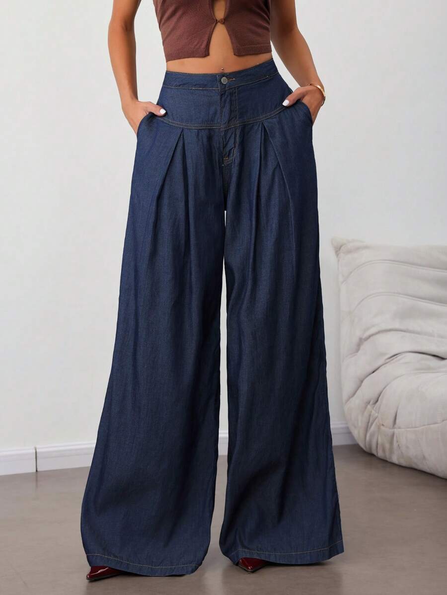 SHEIN Tall Women's Casual Loose Wide Leg Jeans Navy Blue,Summer,Casual,Everyday High Waisted Tall Pants For Woman Work Clothes - Dark Wash - View 1