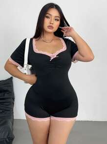 POPSWAY Plus Size Collared Bowknot Contrast Color Trim Short Sleeve Casual & Elegant Jumpsuit For Spring/Summer, Black - Black - View 3