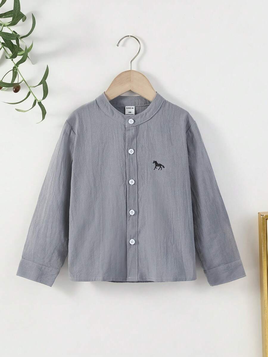 SHEIN Young Boy Stallion Print Button Down Casual Shirt, Long Sleeve - Dark Grey - View 1