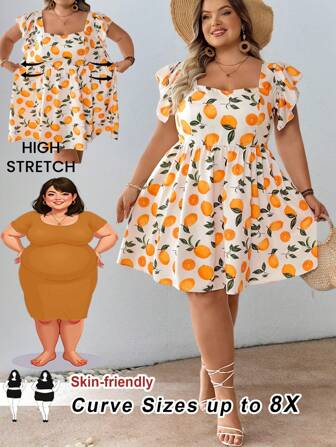 SHEIN CURVE+ Vestido mini de línea A con cuello corazón, mangas abullonadas y estampado de limón para mujer talla grande, estilo de vacaciones bohemio para el verano
