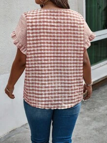 SHEIN LUNE Plus Size Women's Round Neck Casual Woven Plaid Ruffled Blouse - Multicolor - View 2