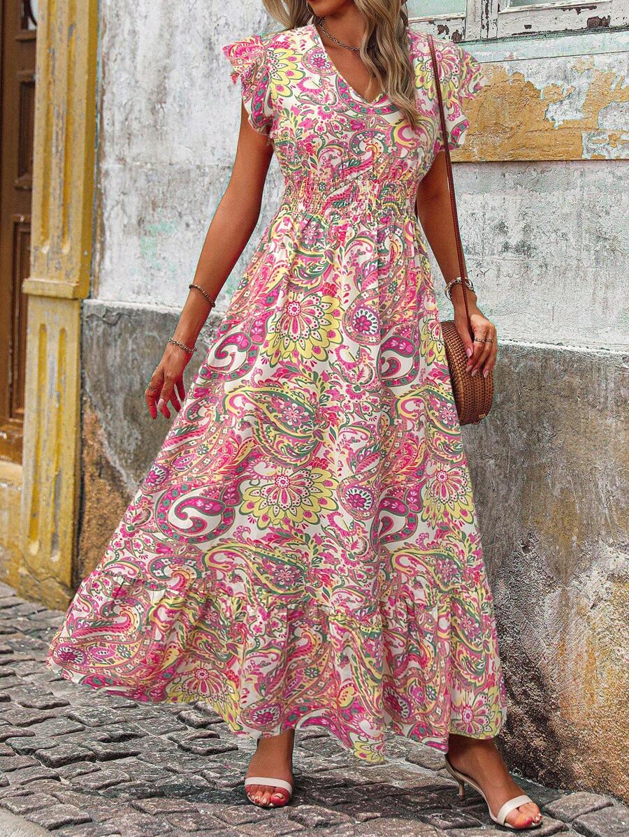 EMERY ROSE V-Neck Printed Summer Casual/Holiday Dress For Women, Flared Sleeves, Ruched Waist, Frill Hem,Summer Dresses For Women